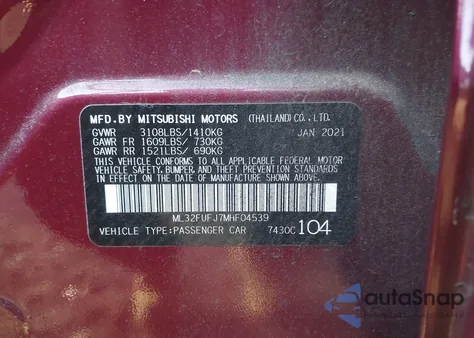 2021 Mitsubishi Mirage G4 Carbonite Edition/Es/Le from USA, damaged, VIN ML32FUFJ7MHF04539